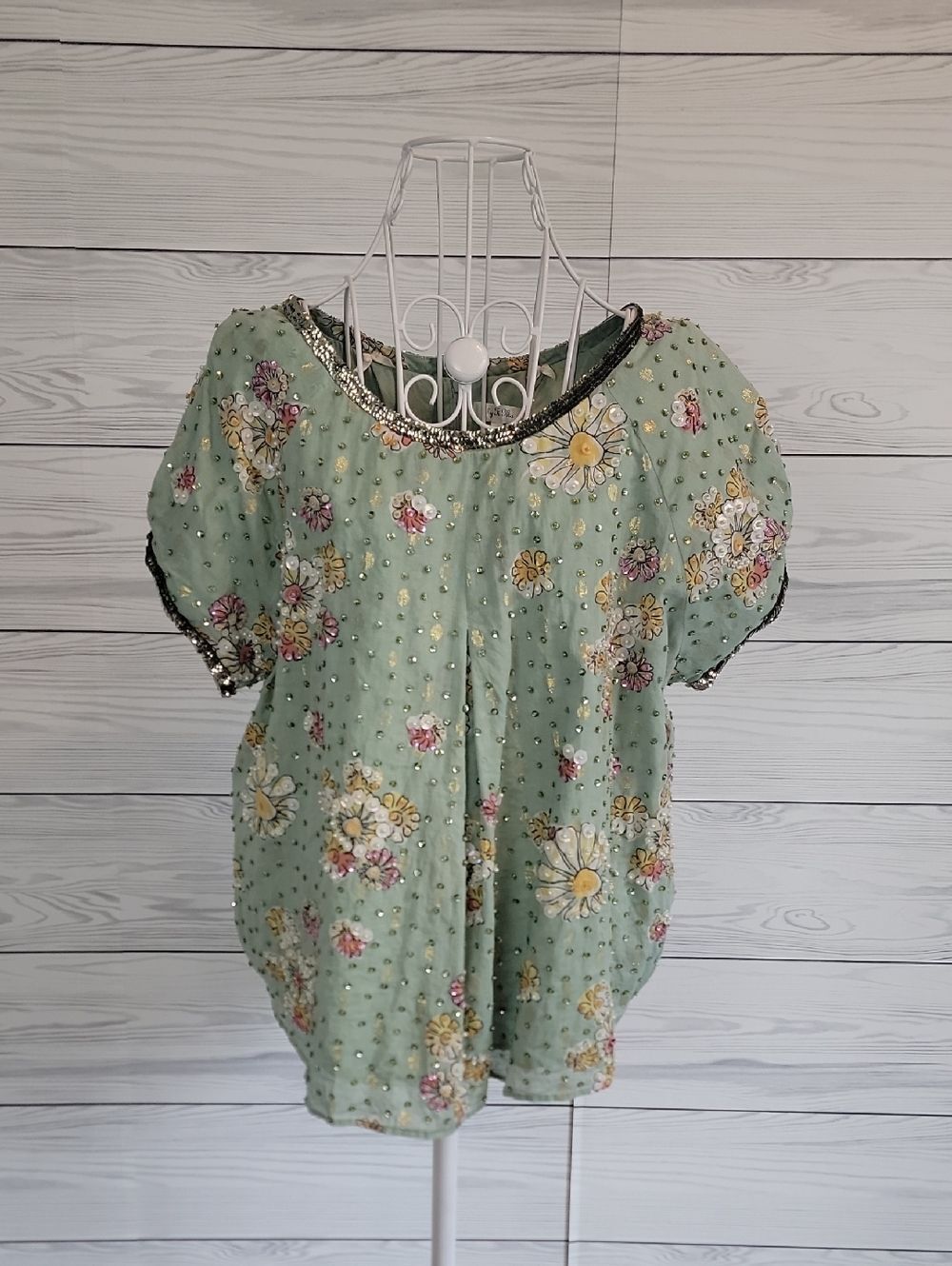 Ti-Mo Designs From Norway Beaded Floral  Puff-Sleeve Top in Mint Womens Size XL